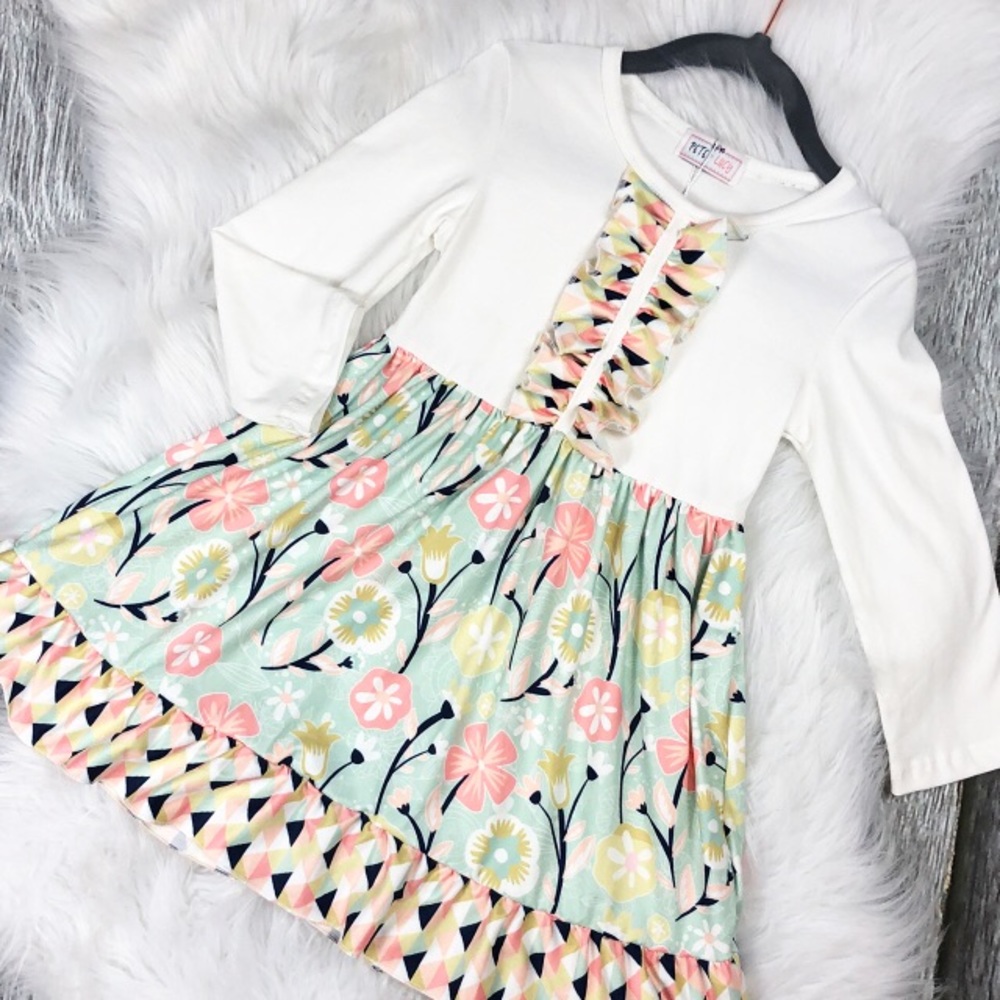Long Sleeve Dress-Pastel Floral on Teal